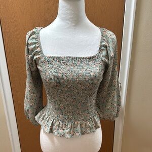 Paper Crane Green Puff Sleeve Smocked Blouse